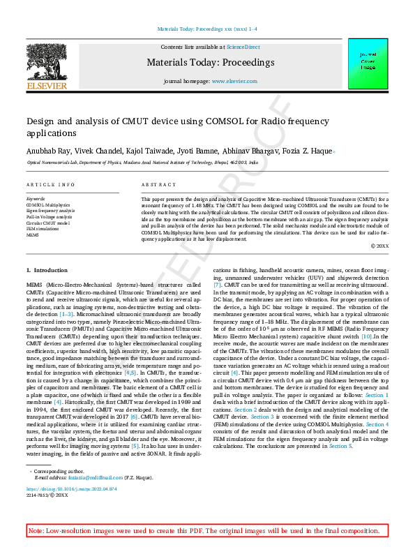 (PDF) Design and analysis of CMUT device using COMSOL for Radio ...