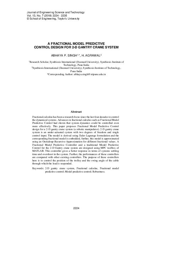 (PDF) A Fractional Model Predictive Control Design for 2-D Gantry Crane ...