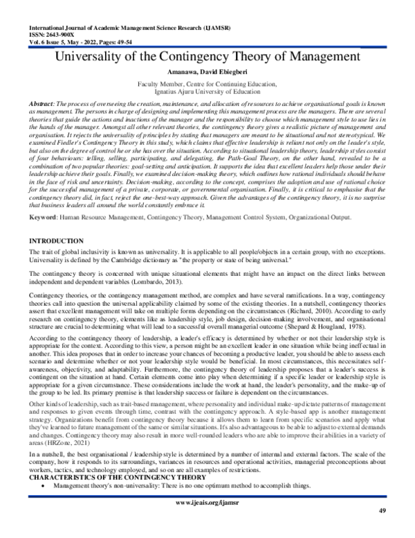 (PDF) Universality of the Contingency Theory of Management