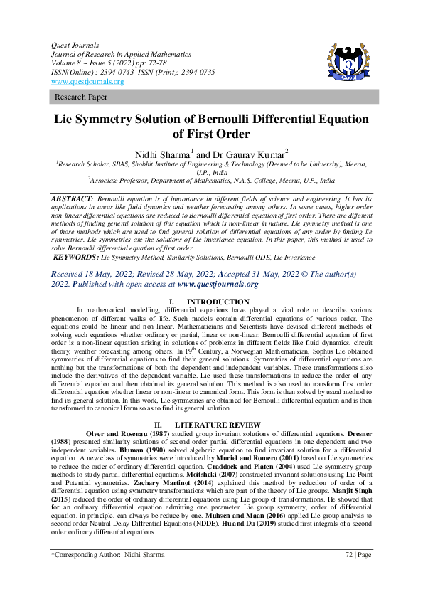 (PDF) Lie Symmetry Solution of Bernoulli Differential Equation of First ...