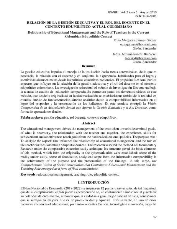 (PDF) Relación De La Gestión Educativa y El Rol Del Docente en El ...