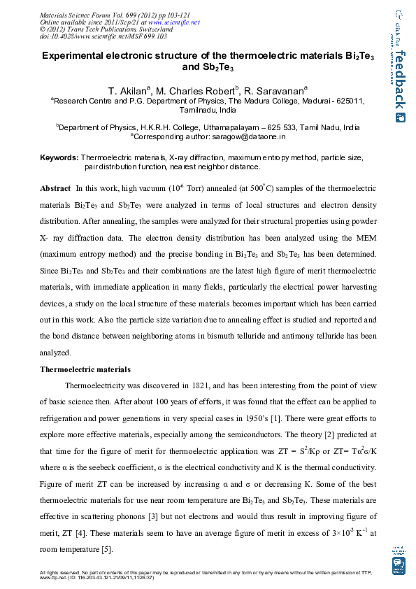 (PDF) Experimental electronic structure of the thermoelectric materials ...