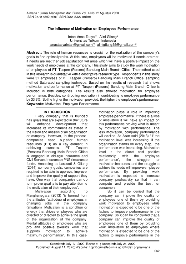 (PDF) The Influence of Motivation on Employees Performance