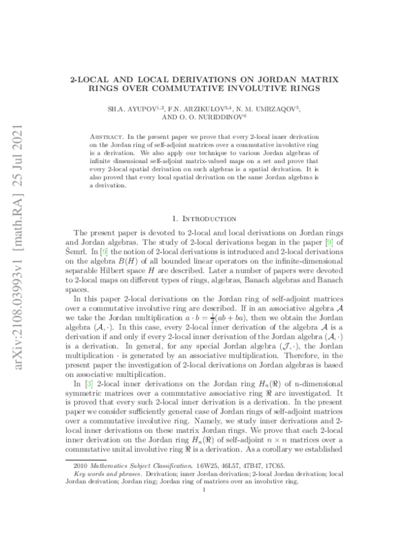 (PDF) 2-Local and local derivations on Jordan matrix rings over ...