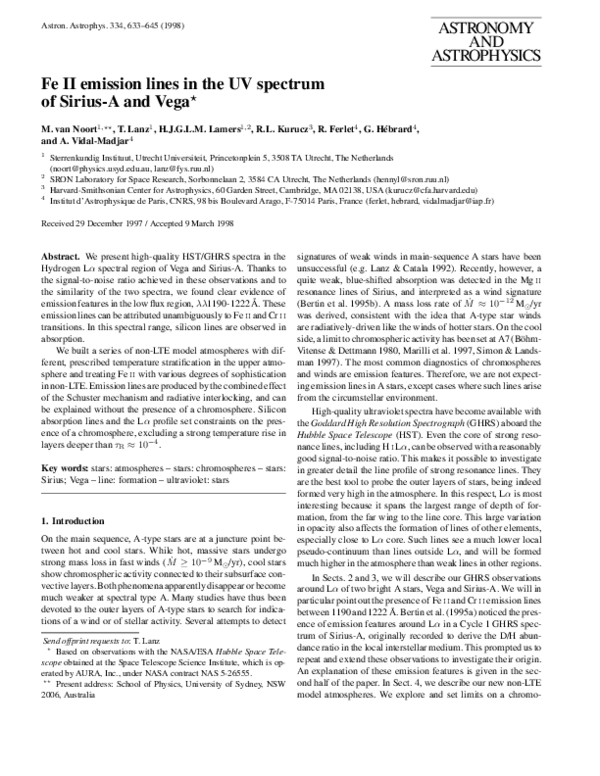 (PDF) Fe II emission lines in the UV spectrum of Sirius-A and Vega