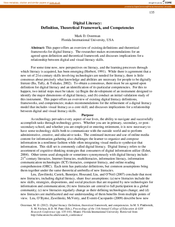 (PDF) Digital Literacy Definition, Theoretical Framework, and