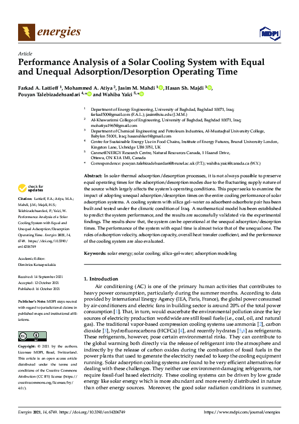 (PDF) Performance Analysis of a Solar Cooling System with Equal and ...