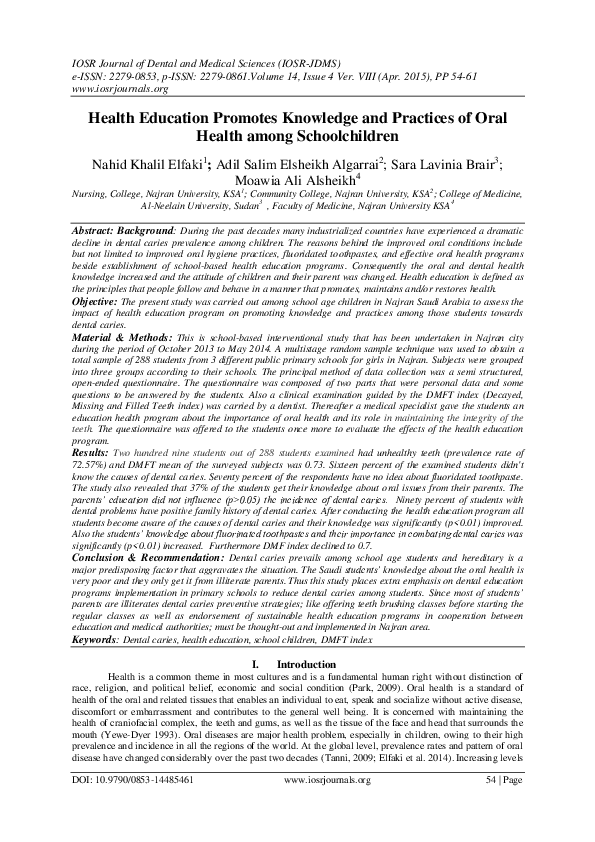 (PDF) Health Education Promotes Knowledge and Practices of Oral Health ...