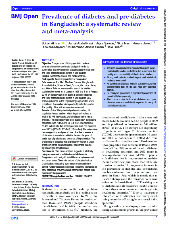 (PDF) Prevalence of diabetes and prediabetes in Bangladesh a