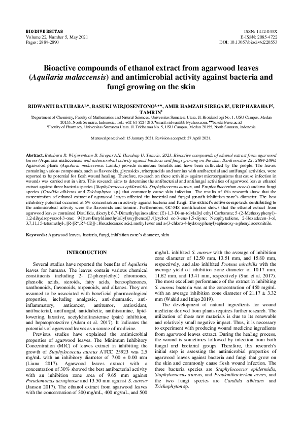 (PDF) Bioactive compounds of ethanol extract from agarwood leaves ...