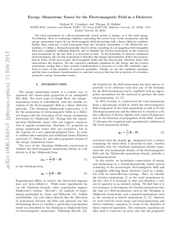 (PDF) Energy–momentum tensor for the electromagnetic field in a dielectric