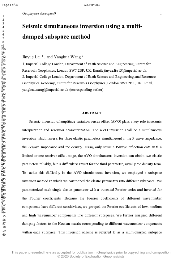 (PDF) Seismic simultaneous inversion using a multidamped subspace method
