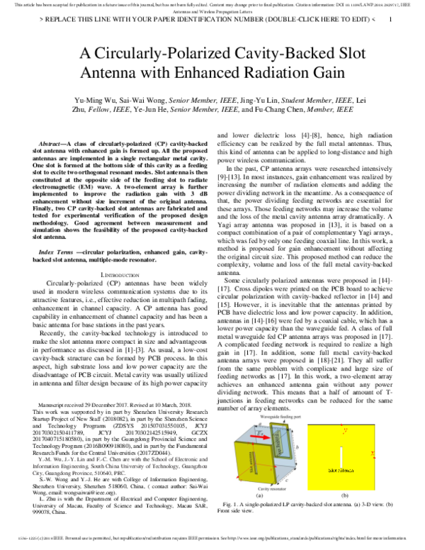 (PDF) Circularly Polarized Cavity Backed Slot Antenna with Sequential ...