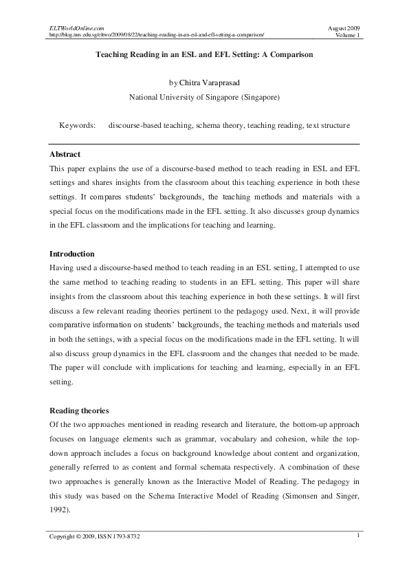 (PDF) Teaching Reading in an ESL and EFL Setting: A Comparison