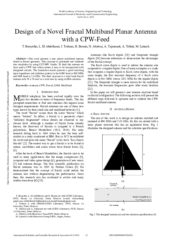 (PDF) Design Of A Novel Fractal Multiband Planar Antenna With A Cpw-Feed