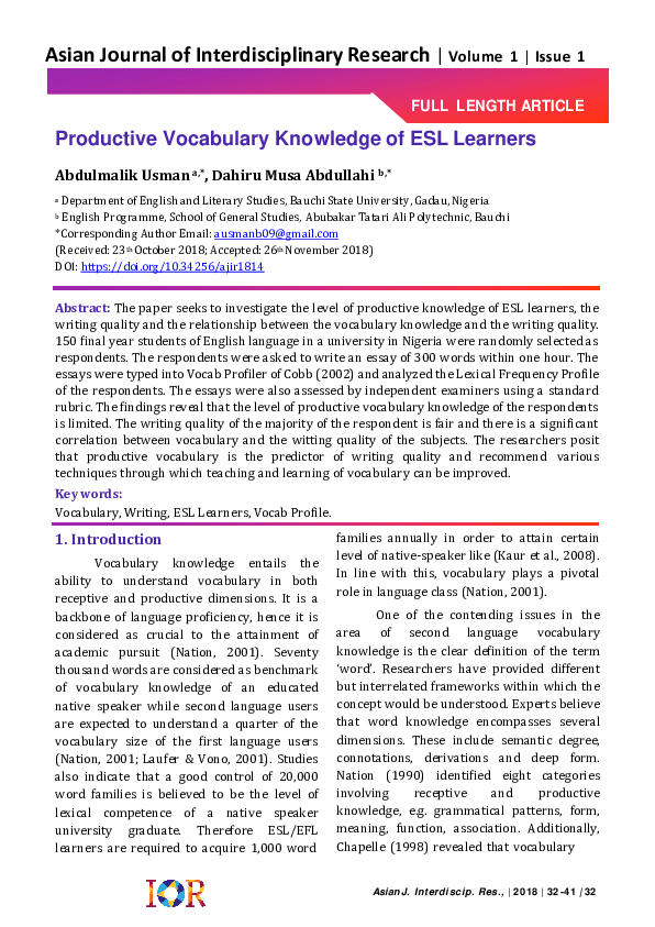 (PDF) Productive Vocabulary Knowledge of ESL Learners