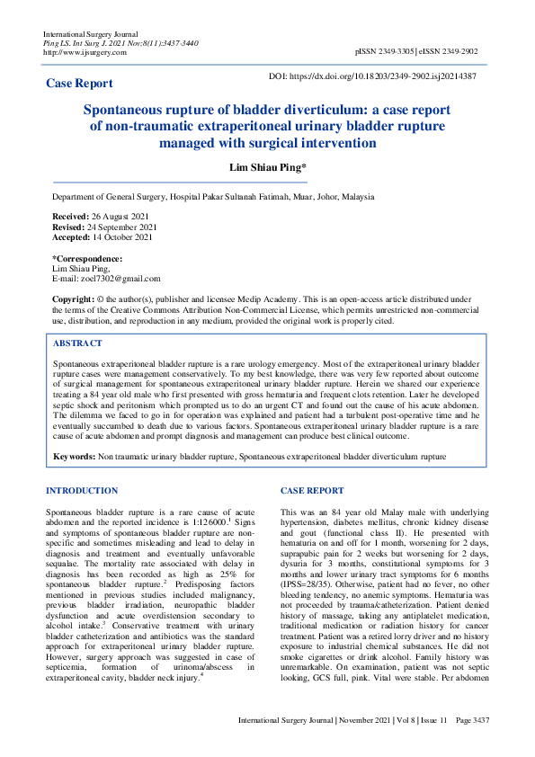 (PDF) Spontaneous rupture of bladder diverticulum: a case report of non ...