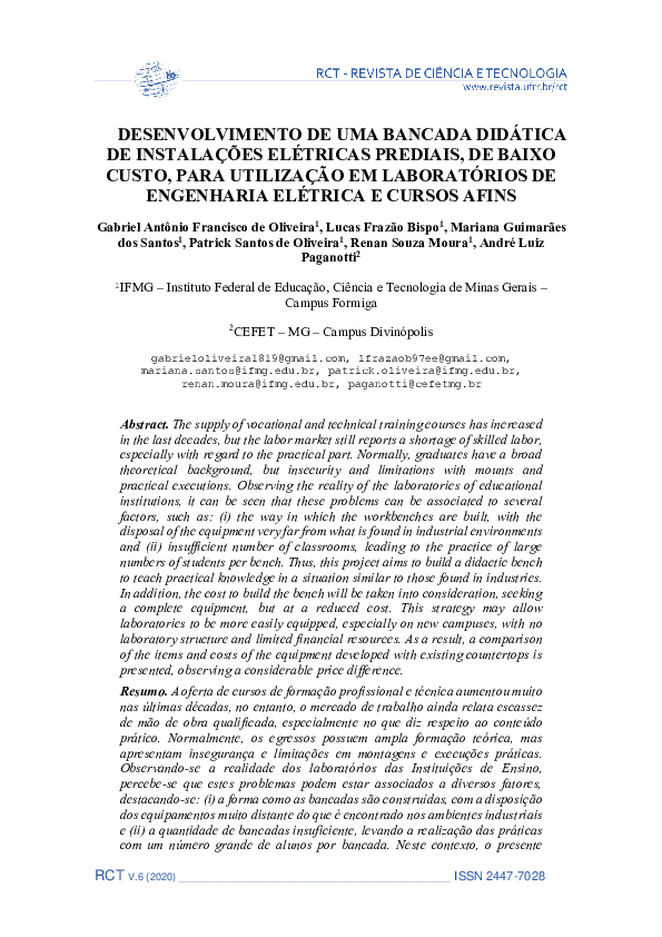 Desenvolvimento De Uma Bancada Didática De Instalações Elétricas Prediais, De Baixo Custo, Para Utilização Em Laboratórios De Engenharia Elétrica e Cursos Afins