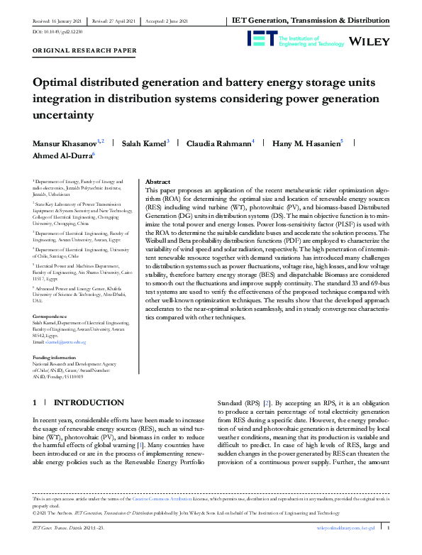 (PDF) Optimal distributed generation and battery energy storage units ...