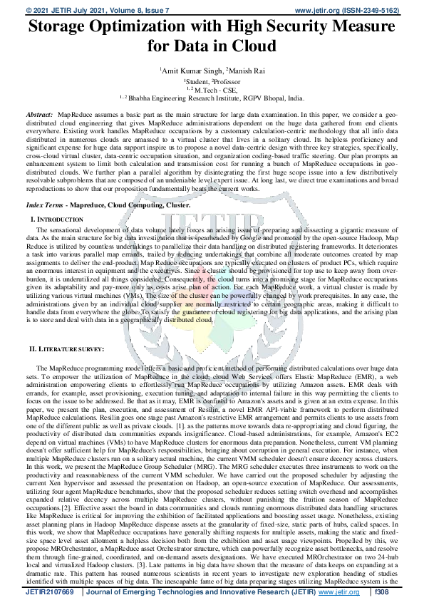 (PDF) Storage Optimization with High Security Measure for Data in Cloud