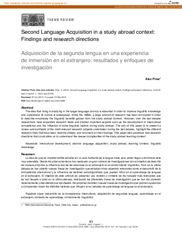 (PDF) Second Language Acquisition in a Study Abroad Context: Findings ...