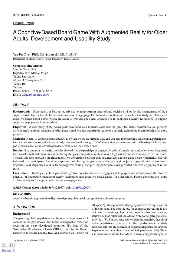 (PDF) A Cognitive-Based Board Game With Augmented Reality for Older ...