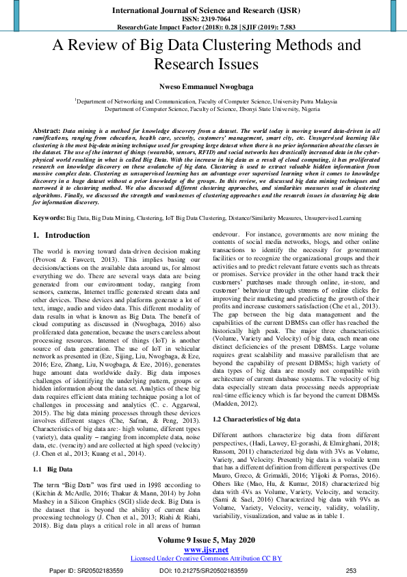 (PDF) A Review of Big Data Clustering Methods and Research Issues