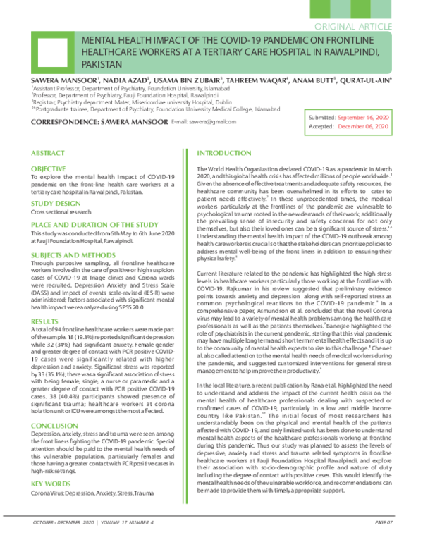 (PDF) Mental Health Impact of the COVID-19 Pandemic on Frontline ...