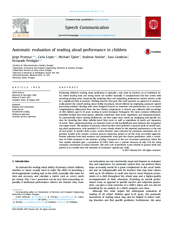 (PDF) Automatic evaluation of reading aloud performance in children