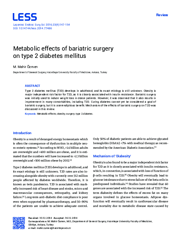 (PDF) Metabolic effects of bariatric surgery on type 2 diabetes mellitus