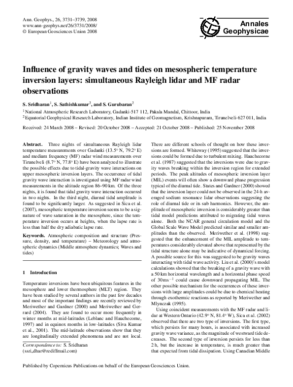 (PDF) Influence of gravity waves and tides on mesospheric temperature ...