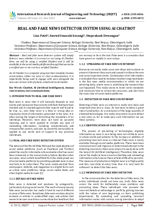 (PDF) REAL AND FAKE NEWS DETECTOR SYSTEM USING AI CHATBOT