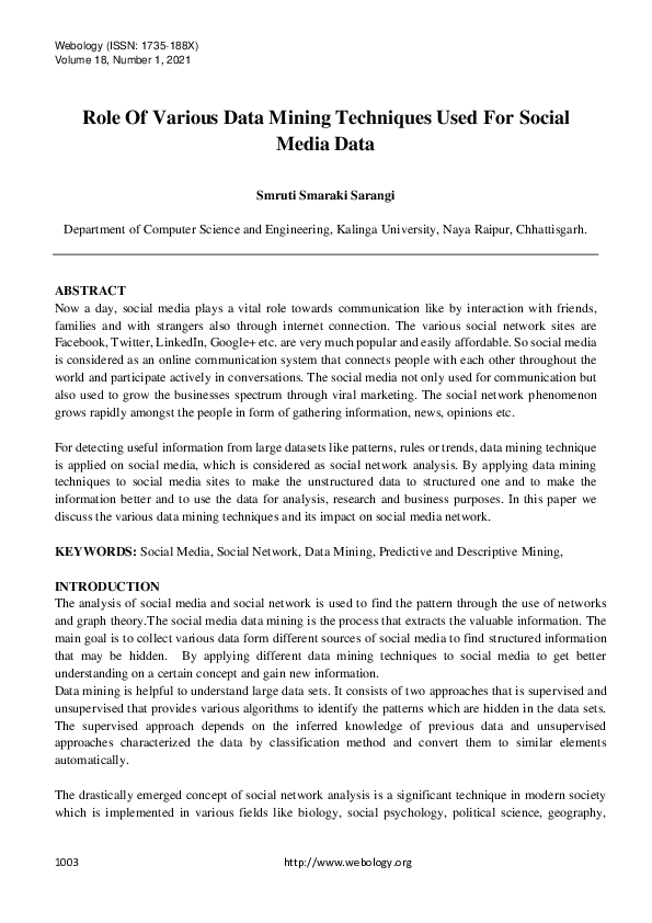 (PDF) Role Of Various Data Mining Techniques Used For Social Media Data