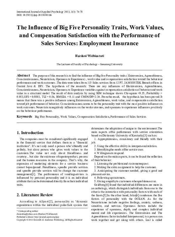 (PDF) The Influence of Big Five Personality Traits, Work Values, and ...
