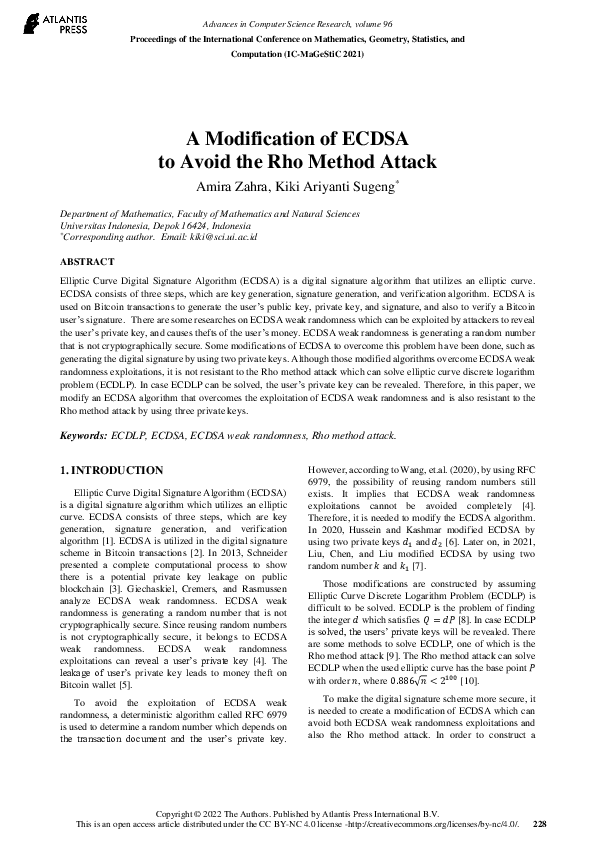 (PDF) A Modification of ECDSA to Avoid the Rho Method Attack