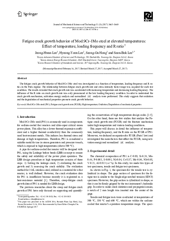 (PDF) Fatigue crack growth behavior of Mod.9Cr-1Mo steel at elevated ...