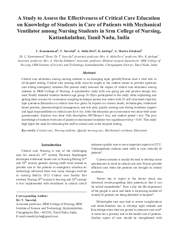 (PDF) A Study to Assess the Effectiveness of Critical Care Education on ...