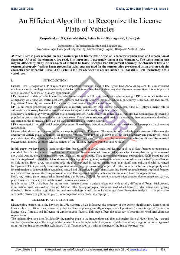 (PDF) An Efficient Algorithm to Recognize the License Plate of Vehicles