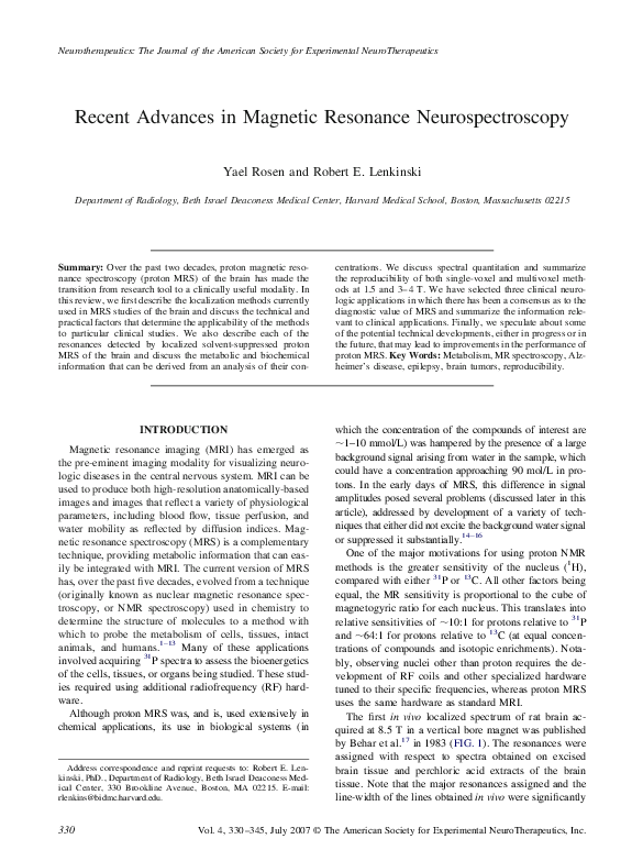 (PDF) Recent advances in magnetic resonance neurospectroscopy