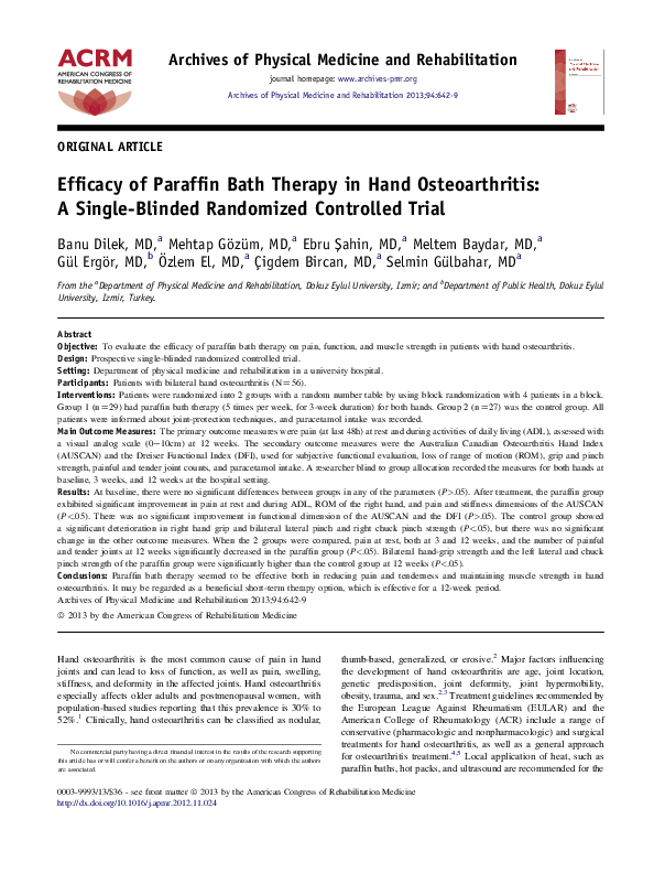(PDF) Efficacy of Paraffin Bath Therapy in Hand Osteoarthritis A