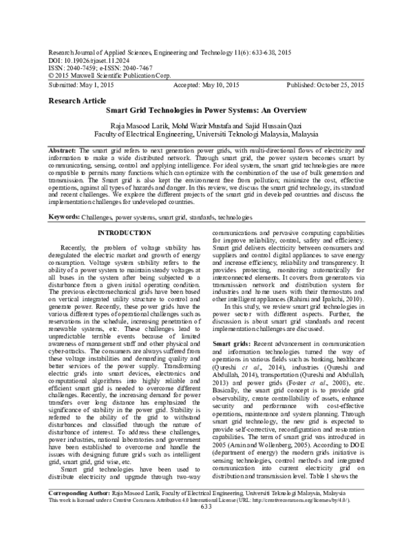 (PDF) Smart Grid Technologies in Power Systems: An Overview