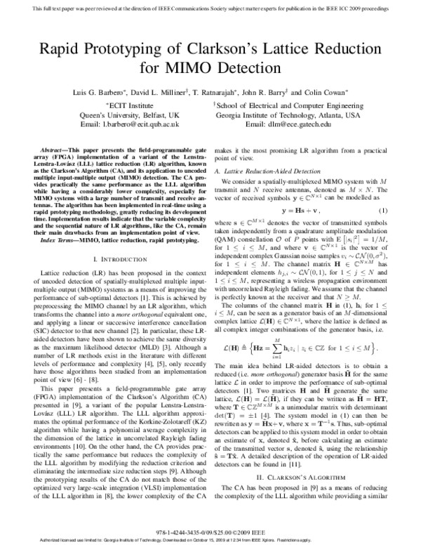 (PDF) Rapid Prototyping of Clarkson's Lattice Reduction for MIMO Detection