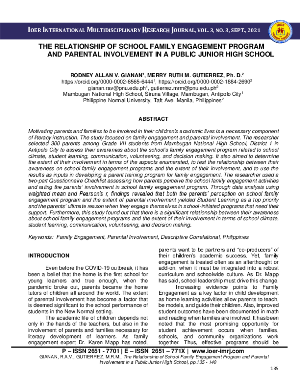 (PDF) The Relationship of School Family Engagement Program and Parental ...