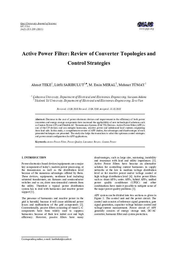 (PDF) Active Power Filter: Review of Converter Topologies and Control ...