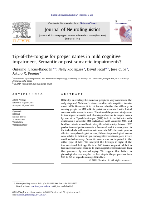 (PDF) Tip-of-the-tongue for proper names in mild cognitive impairment ...