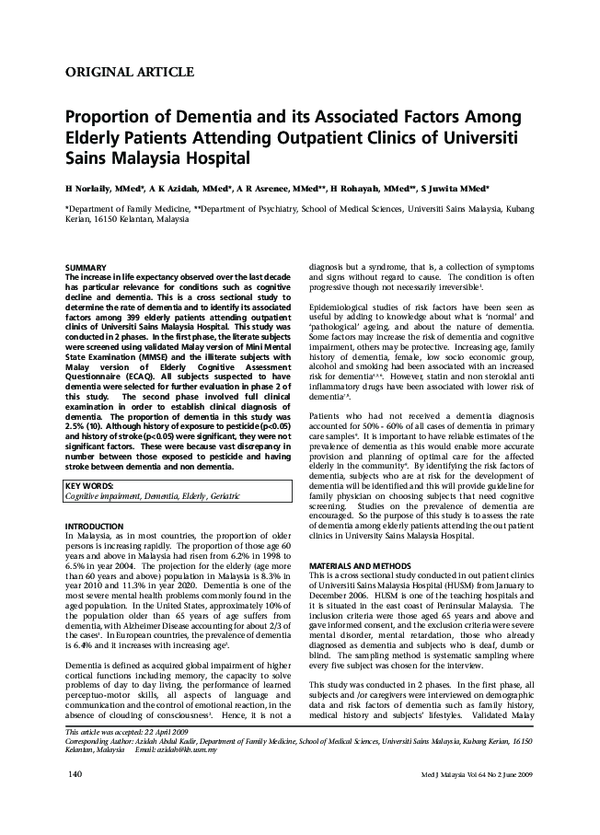 (PDF) Proportion of dementia and its associated factors among elderly ...