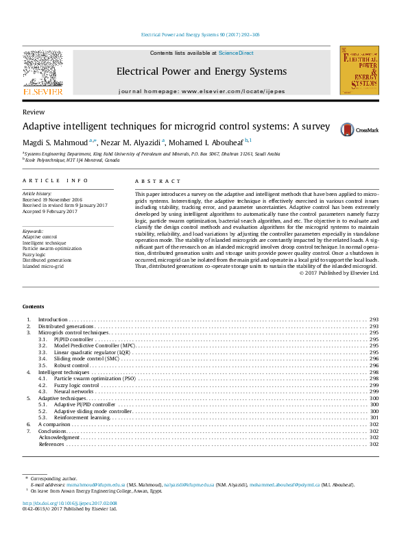 (PDF) Adaptive intelligent techniques for microgrid control systems: A ...