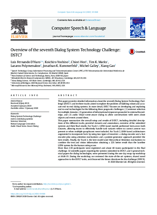 (PDF) Overview of the seventh Dialog System Technology Challenge: DSTC7