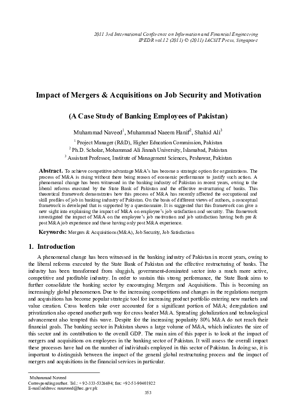 (PDF) Impact of Mergers & Acquisitions on Job Security and Motivation
