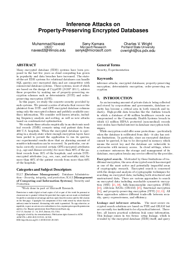 (PDF) Inference Attacks on Property-Preserving Encrypted Databases